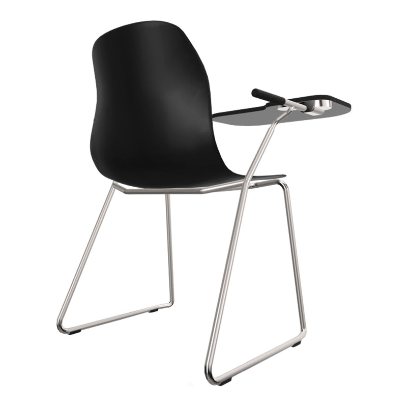 Black chair with sleek lines and a minimalist design, featuring a silver metal frame and integrated writing surface.