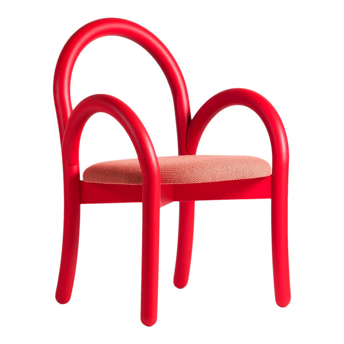 Bright red chair with curved arms and a textured coral seat, adding a vibrant pop of color to any space.