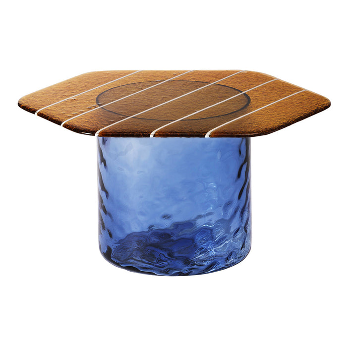 Blue textured glass base with a hexagonal wooden top featuring white stripes and a circular design.