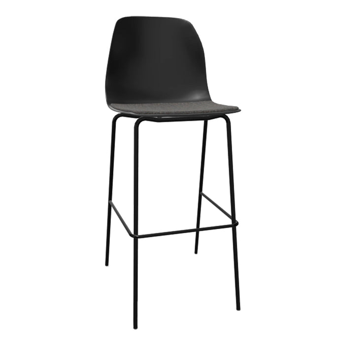 Black bar stool with a sleek design, featuring a matte black seat and a contrasting gray cushion.