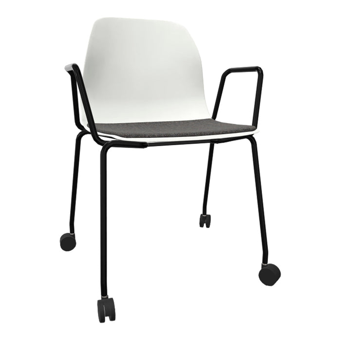 White chair with a gray seat cushion and black metal frame, featuring a minimalist design and smooth lines.