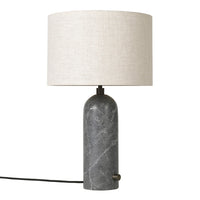 Gray marble lamp base with a beige linen shade, elegant and modern design, perfect for home decor.