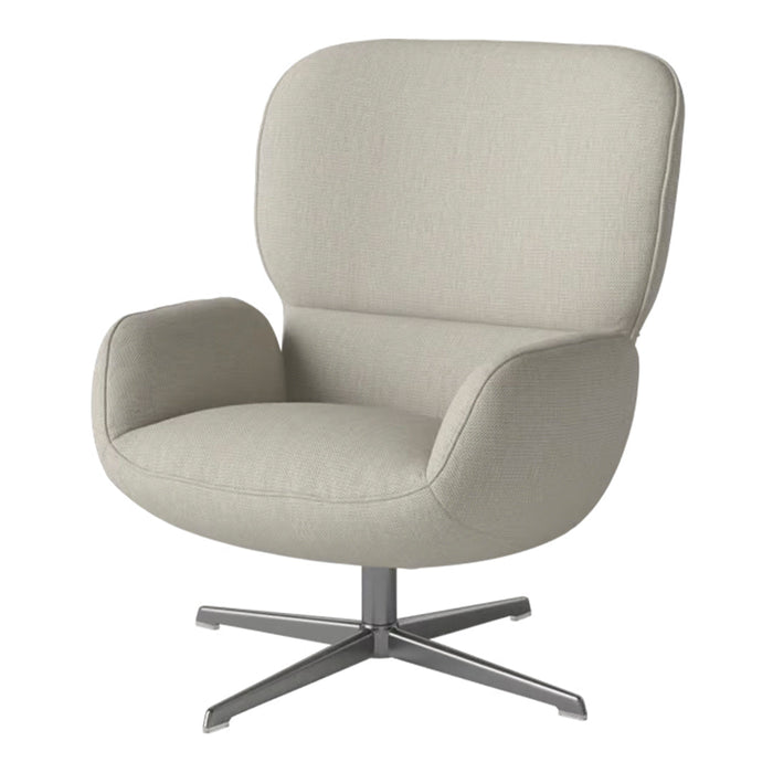 Light gray upholstered chair with a smooth texture and a sleek metal base, perfect for modern decor.