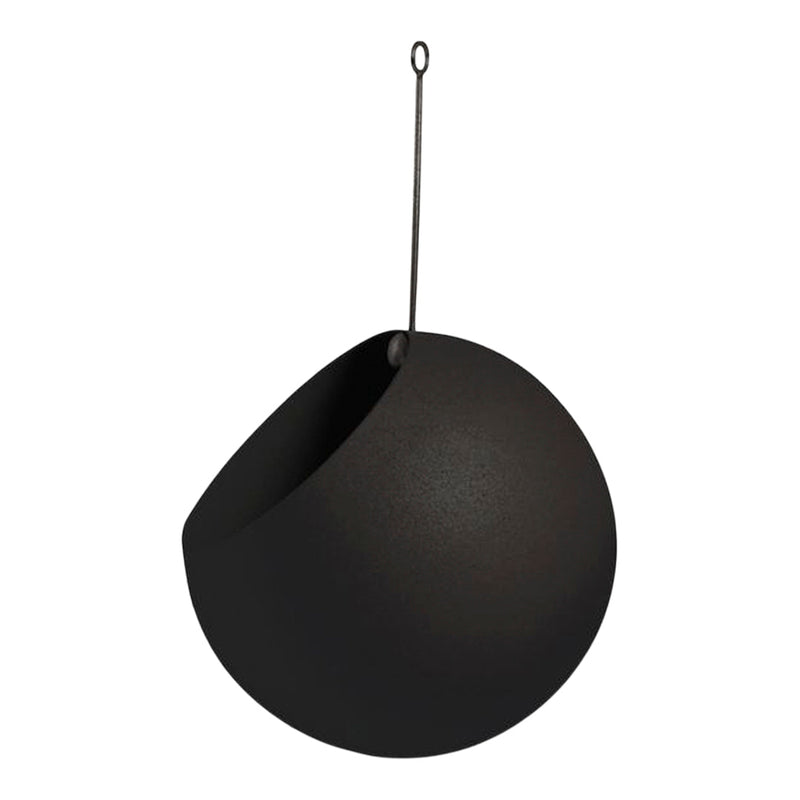 Hanging black spherical planter with a matte finish and textured surface. Minimalist design for modern decor.