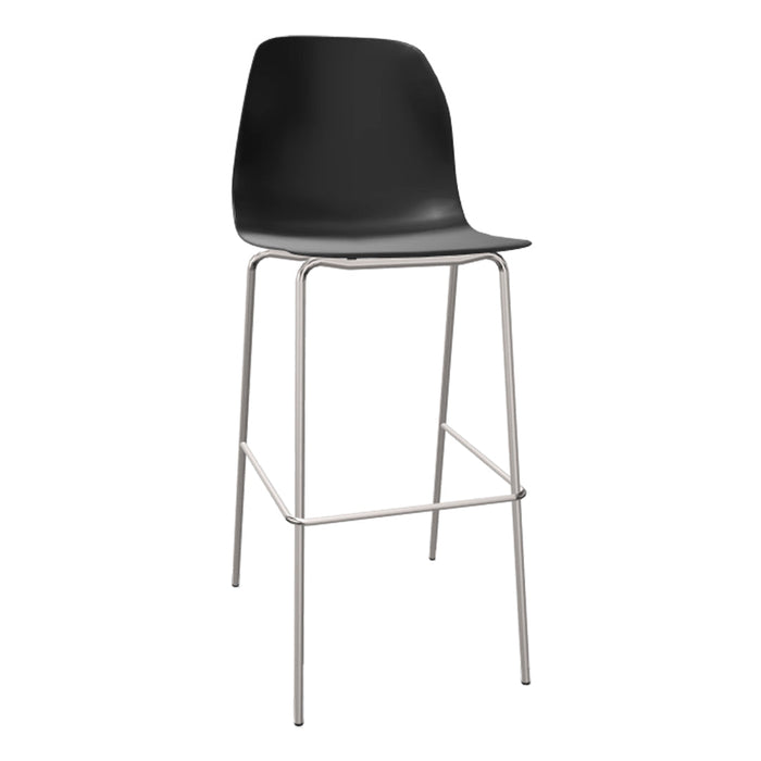 Black bar stool with a sleek, curved plastic seat and shiny silver metal legs. Modern and minimalist design.