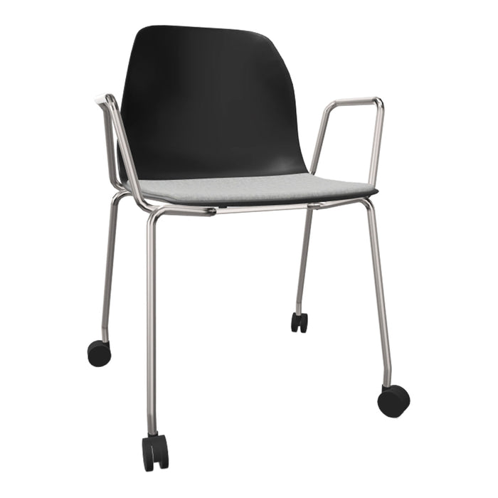 Black chair with gray seat cushion, featuring sleek metallic arms and rolling wheels for versatile use.