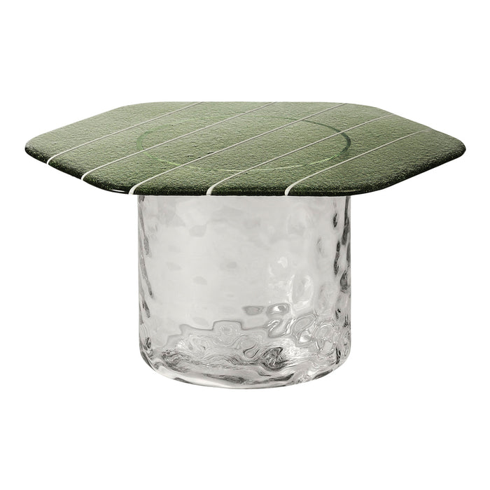 Green patterned top with white stripes on a clear textured glass base. Modern and stylish design for home decor.