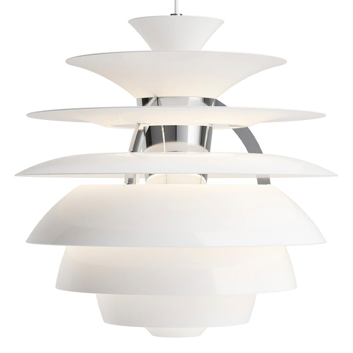 White layered pendant lamp with a sleek chrome accent and smooth, modern design. Perfect for contemporary decor.
