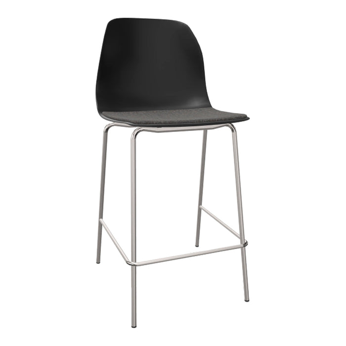 Black plastic bar stool with a gray upholstered seat and sleek silver metal legs for a modern look.