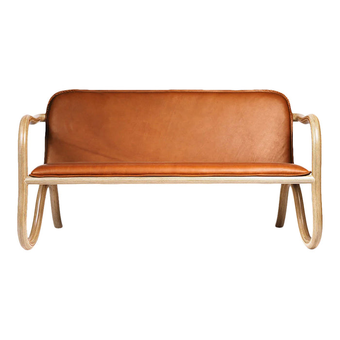 Brown leather bench with sleek natural wood frame, offering a minimalistic and warm aesthetic.