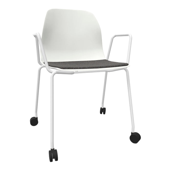 White chair with gray upholstered seat, featuring minimalist design and rolling black casters for mobility.