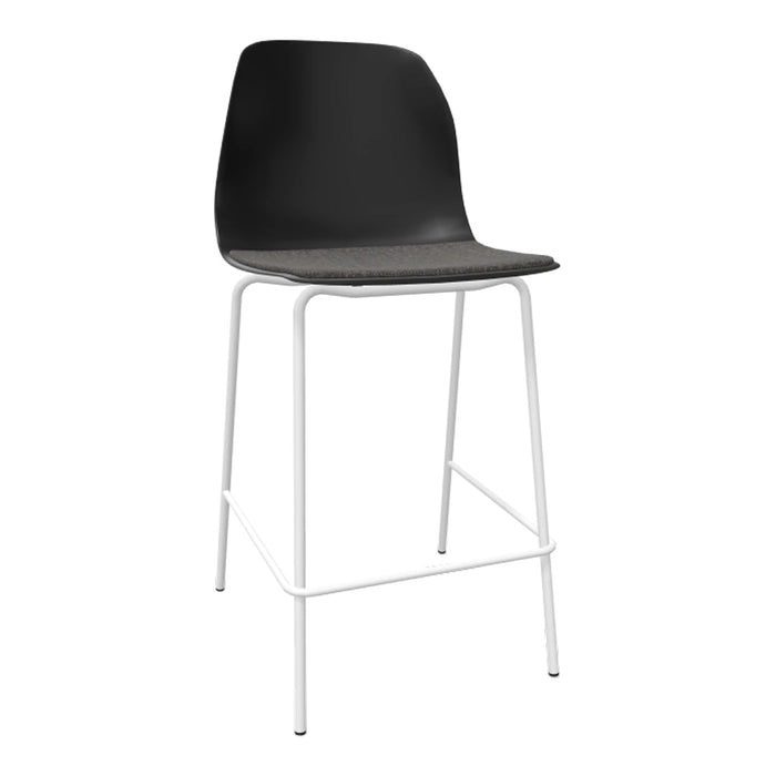 Black plastic seat with gray cushion and white metal legs, modern minimalist design for contemporary spaces.