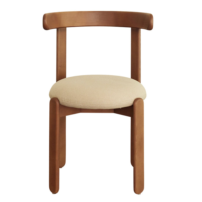 Brown wooden chair with a beige, upholstered seat and simple, modern design. Ideal for minimalist decor.