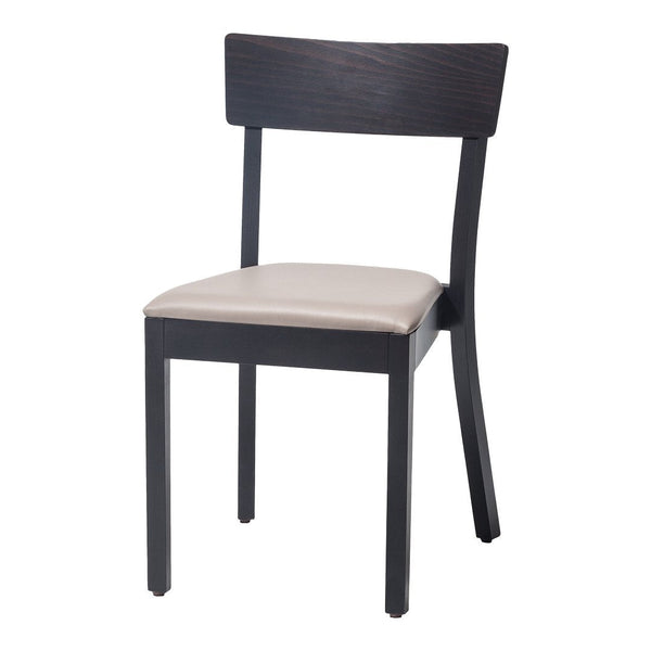 Black wooden chair with a sleek design and a light beige cushioned seat. Minimalist style, perfect for modern decor.