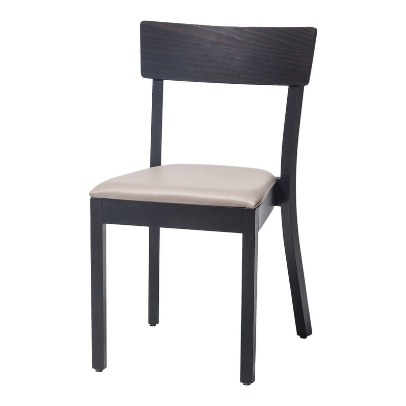 Black wooden chair with a sleek design and a light beige cushioned seat. Minimalist style, perfect for modern decor.