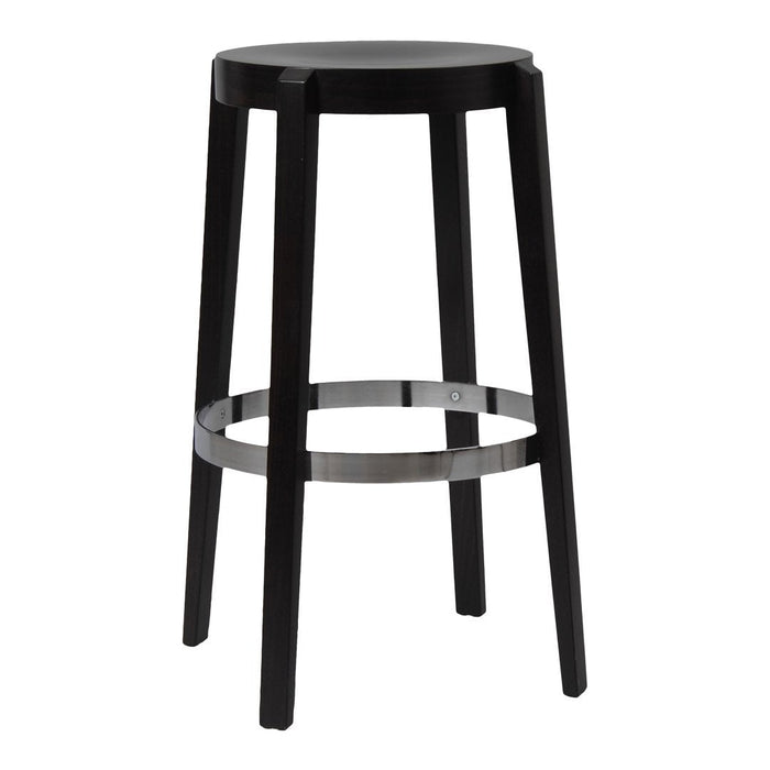 Black wooden bar stool with a smooth top and sleek metallic footrest, showcasing a minimalist design.