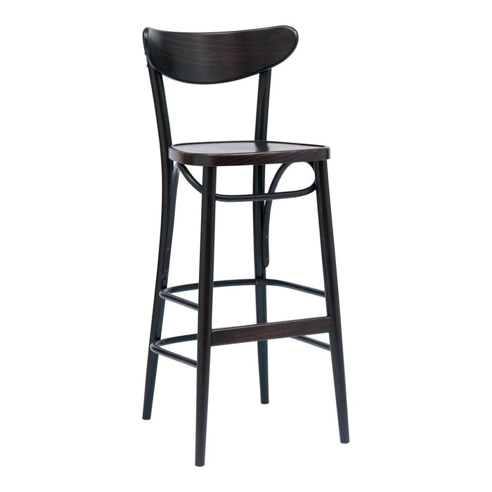 Dark wood bar stool with simple, minimalist design and smooth, curved backrest. Ideal for modern spaces.