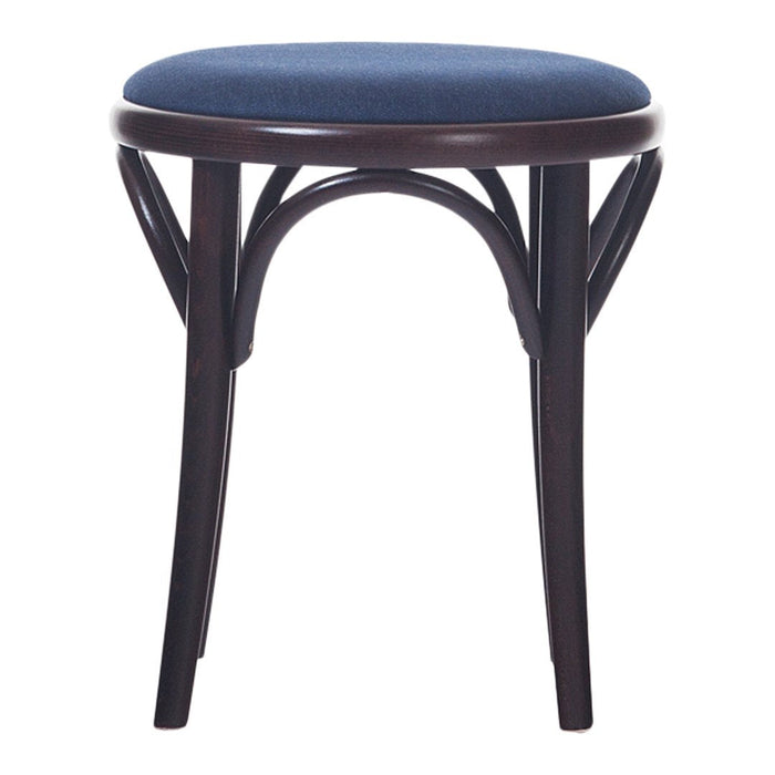 Dark wooden stool with a deep blue upholstered seat and elegant curved leg design. Perfect for modern decor.
