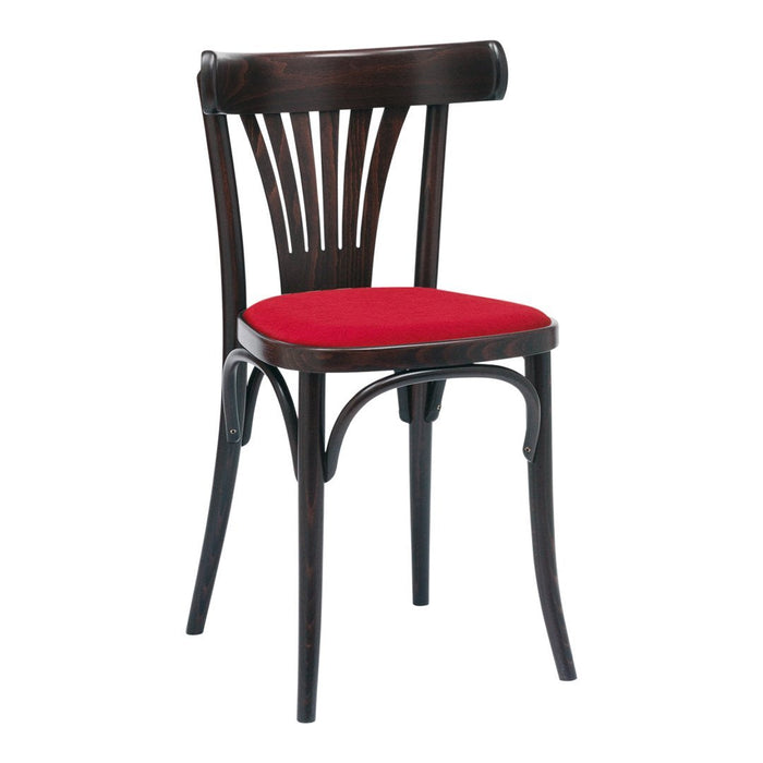Dark wood chair with a sleek design and a vibrant red cushioned seat. Elegant and modern style for any space.