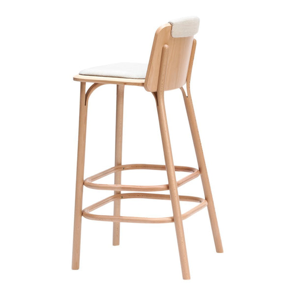 Modern wooden bar stool with a light natural finish and white upholstered seat and backrest. Simple, sleek design.
