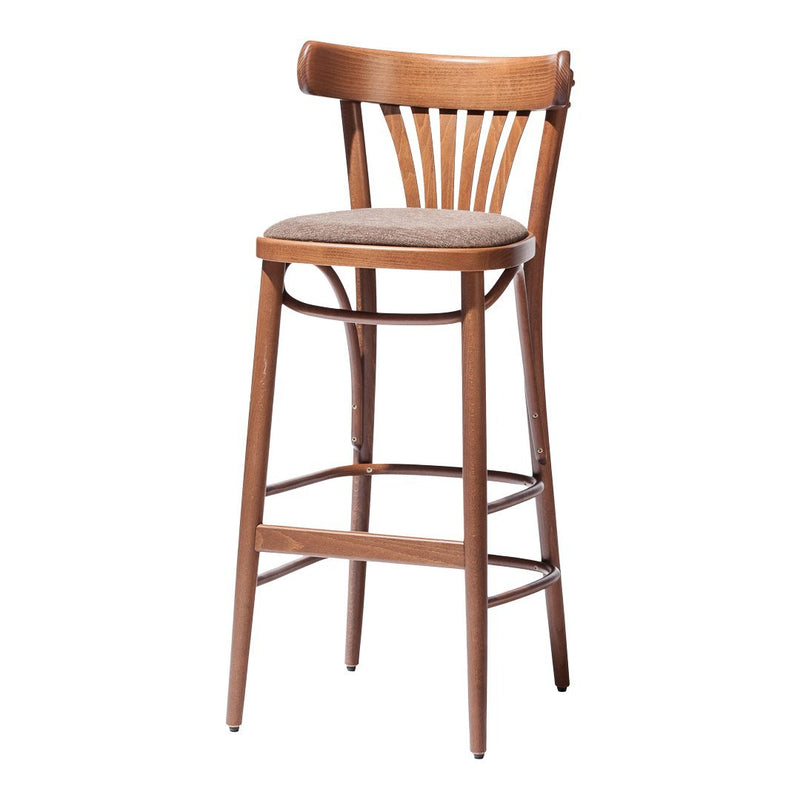 Light wood bar stool with a sleek, curved back and a beige upholstered seat, featuring vertical slat patterns.