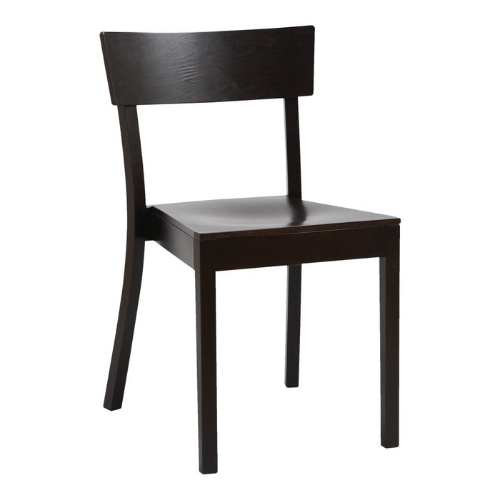Dark brown wooden chair with a sleek, minimalist design and smooth finish. Elegant and modern style for any space.