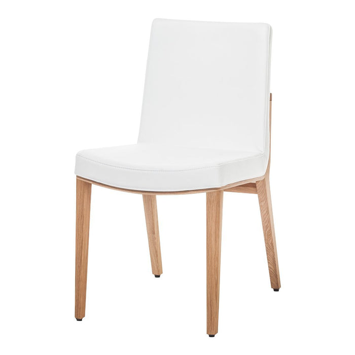 White modern chair with a clean, minimalist design and natural wood legs. Perfect for contemporary decor.