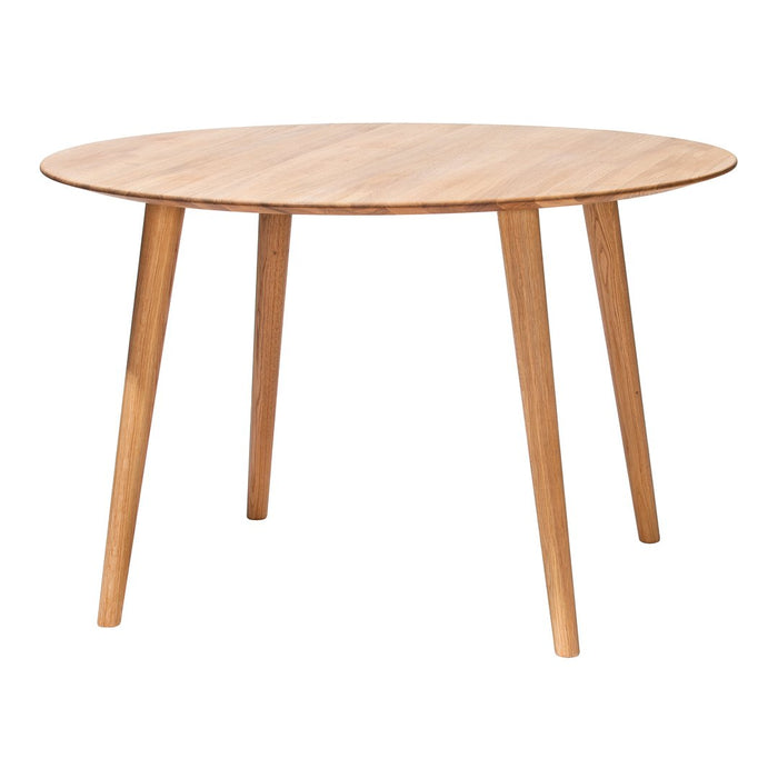 Natural wood round table with a light finish and smooth surface, featuring tapered wooden legs. Perfect for modern decor.