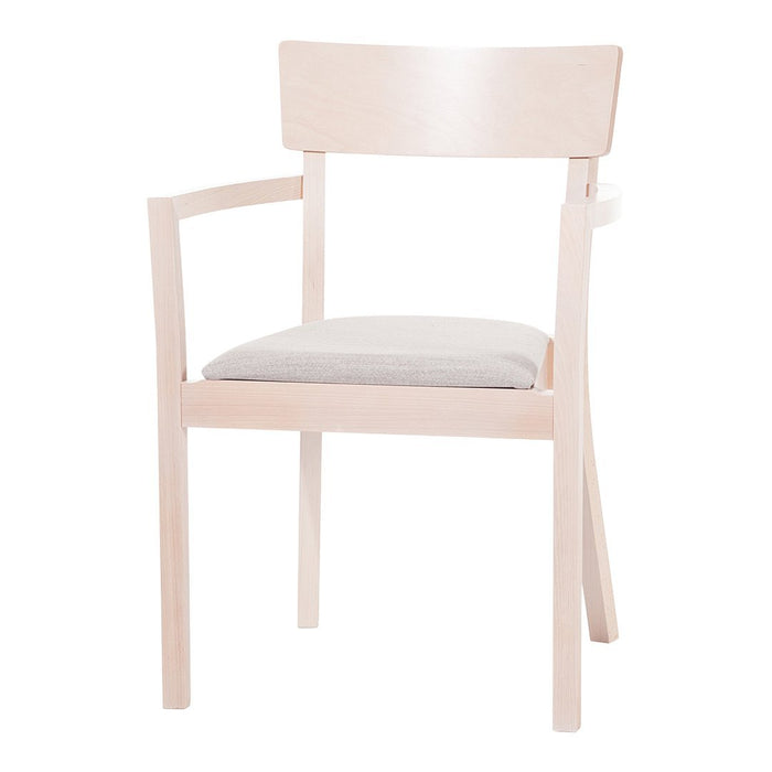 Light wood dining chair with a smooth finish and a soft gray upholstered seat. Simple, modern design.