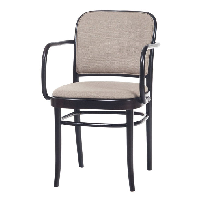 Stylish black metal chair with a light beige fabric seat and backrest, featuring a minimalist design and soft textures.