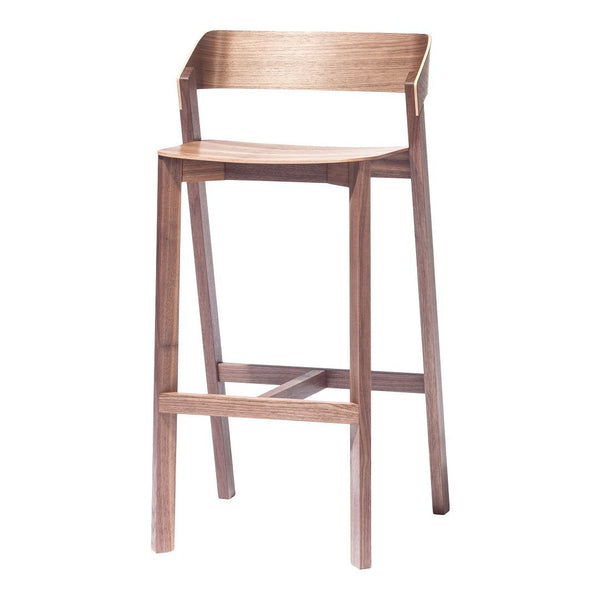 Light brown wooden bar stool with a smooth finish and minimalist design, featuring clean lines and a simple silhouette.