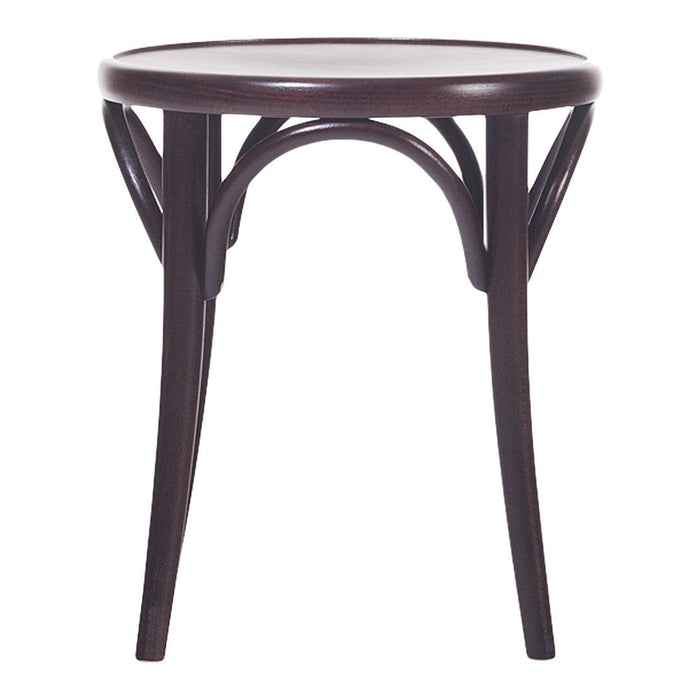 Dark wooden round side table with elegant curved legs and minimalistic design, perfect for modern decor.
