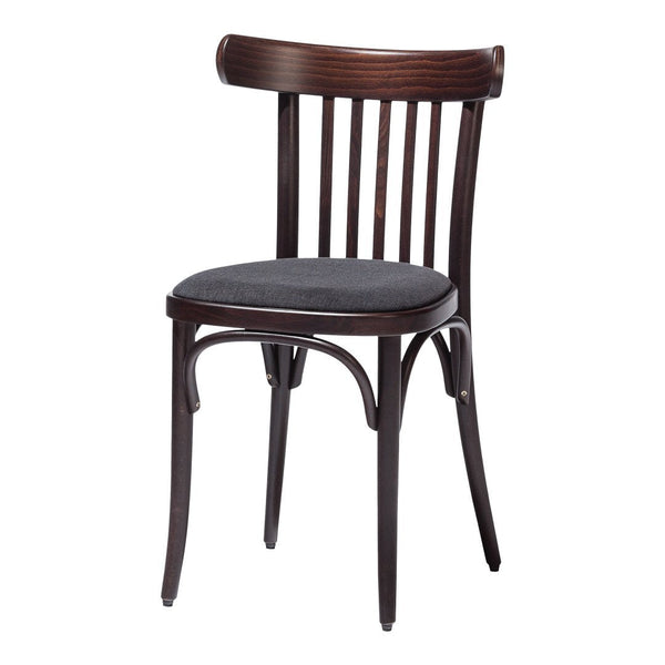 Classic dark wood chair with a sleek black upholstery, featuring a timeless slatted back design. Perfect for modern decor.