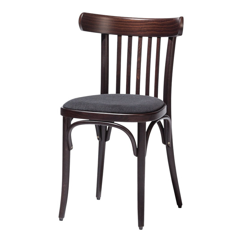 Classic dark wood chair with a sleek black upholstery, featuring a timeless slatted back design. Perfect for modern decor.