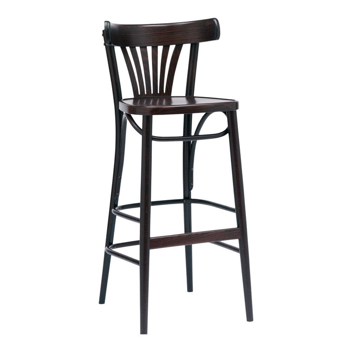 Dark wood bar stool with a slatted back design, showcasing a rich brown finish and clean, modern lines.