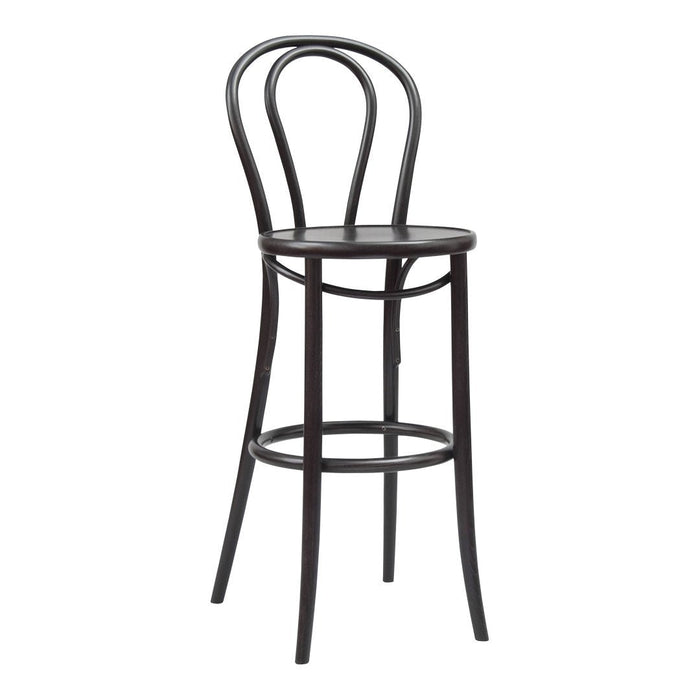 Black bentwood bar stool with a simple, classic design and smooth finish, ideal for modern and traditional decor.