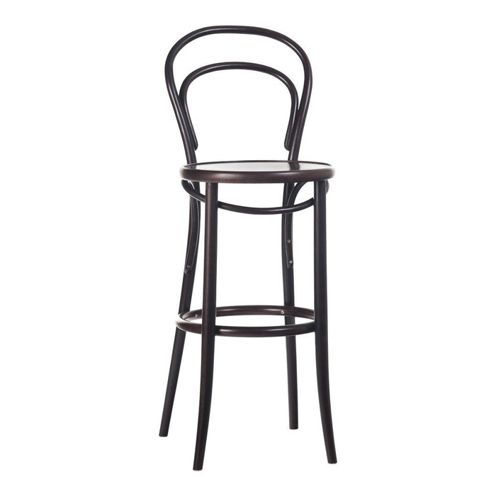 Brown wood bar stool with a classic bent design and smooth, curved backrest. Perfect for modern and vintage spaces.