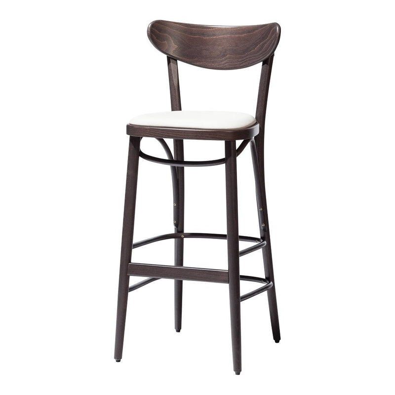 Brown wooden bar stool with a light-colored cushioned seat and curved backrest, featuring clean, modern lines.