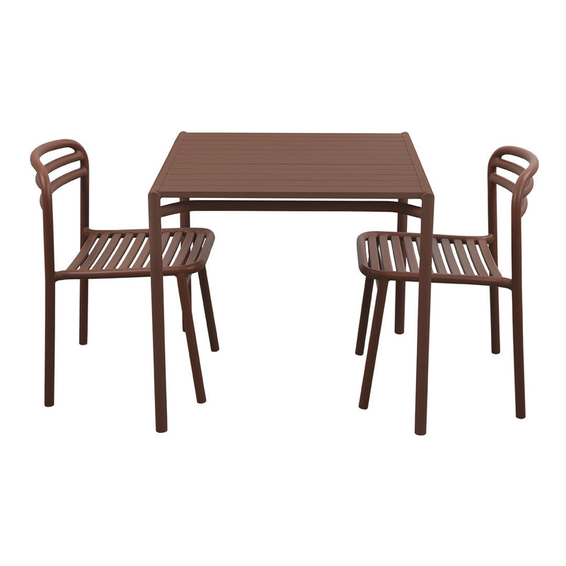 Chocolate brown dining table and two chairs with slatted design, perfect for modern outdoor or indoor spaces.