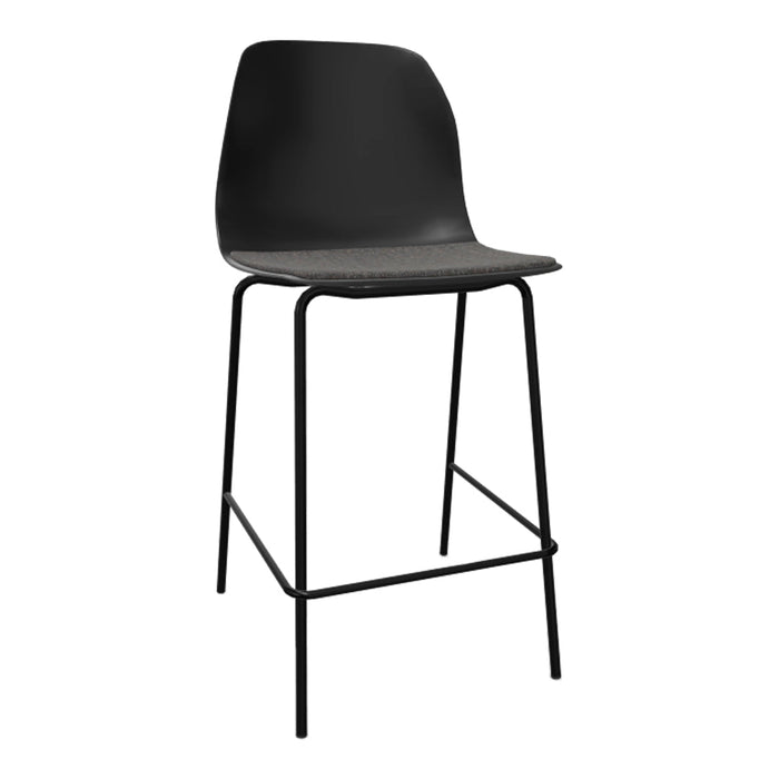 Black bar stool with a sleek matte finish and a textured gray seat for a modern look.