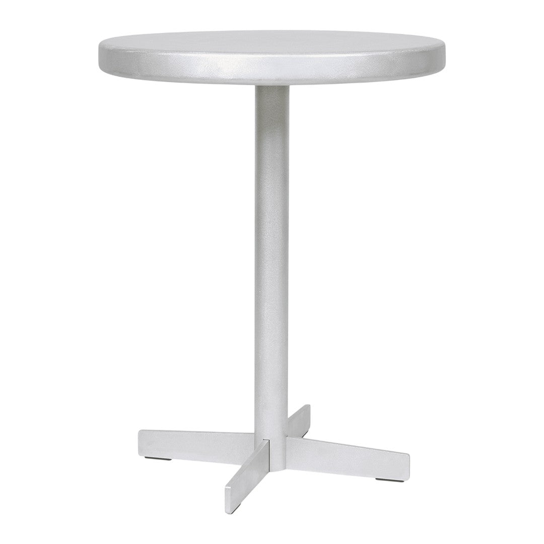 White round table with a smooth finish and a simple cross-shaped base, perfect for modern decor.