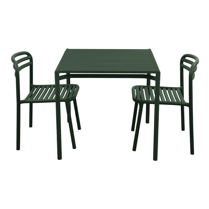 Green metal table and two matching chairs with slatted design, perfect for outdoor dining.