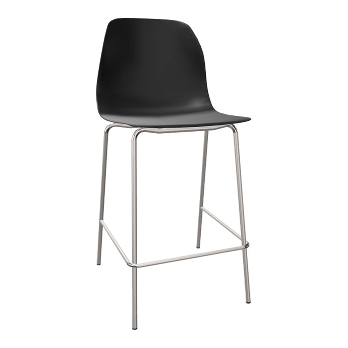Black plastic bar stool with a sleek design and chrome legs, perfect for modern interiors.