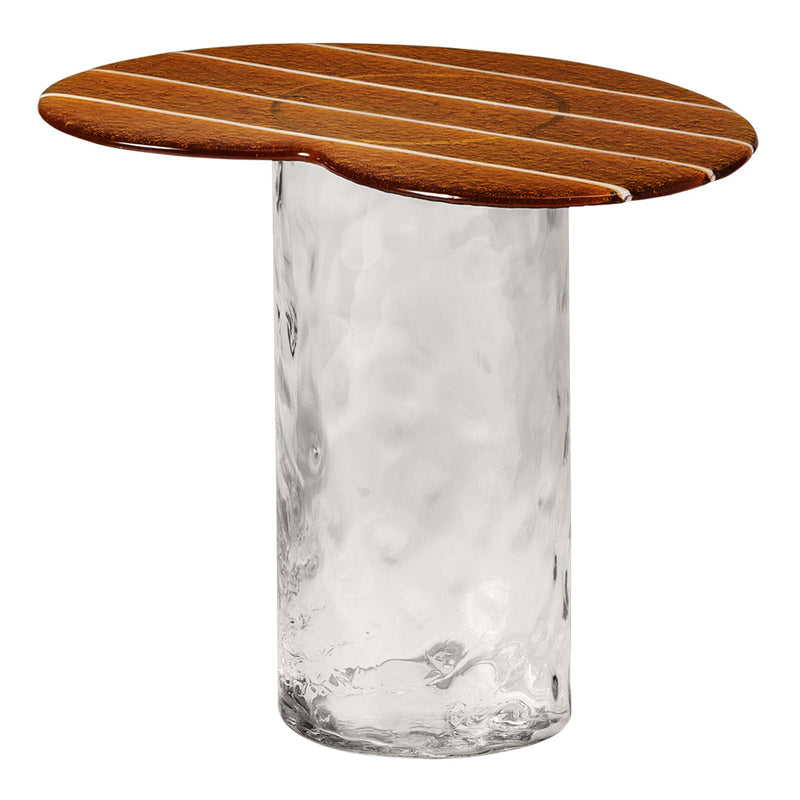 Wooden top with brown stripes over a clear, textured glass base. Elegant and modern design.