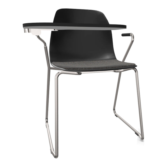 Black chair with gray seat cushion and sleek silver metal frame, featuring a minimalist design and clean lines.