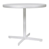 White round table with a smooth surface and a sleek silver base, perfect for modern decor.