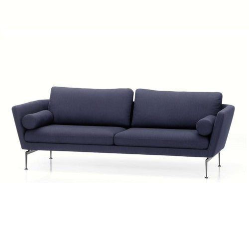 Navy blue upholstered sofa with clean lines and silver legs, featuring a sleek, modern design. Perfect for stylish interiors.