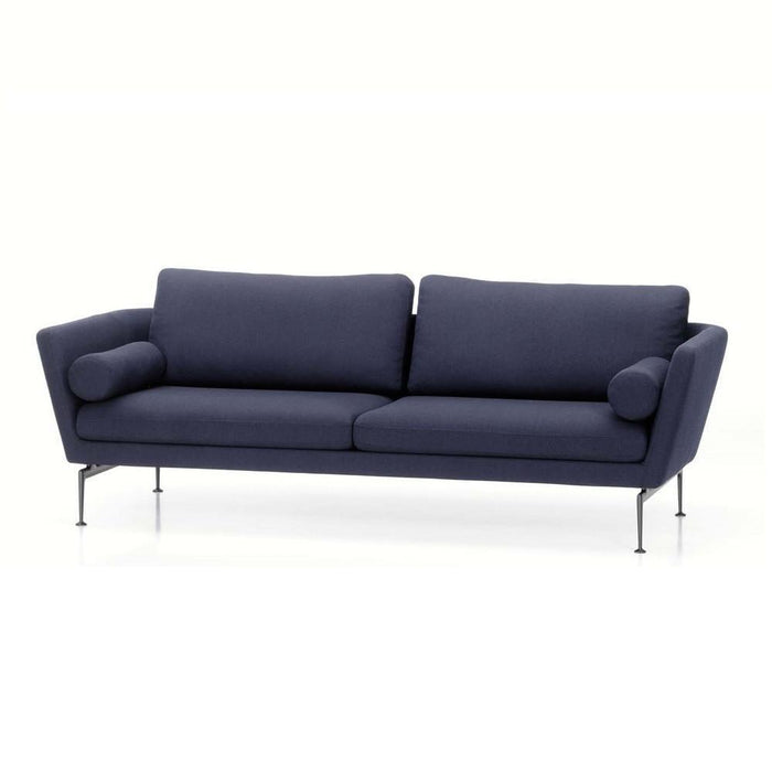 Navy blue upholstered sofa with clean lines and silver legs, featuring a sleek, modern design. Perfect for stylish interiors.