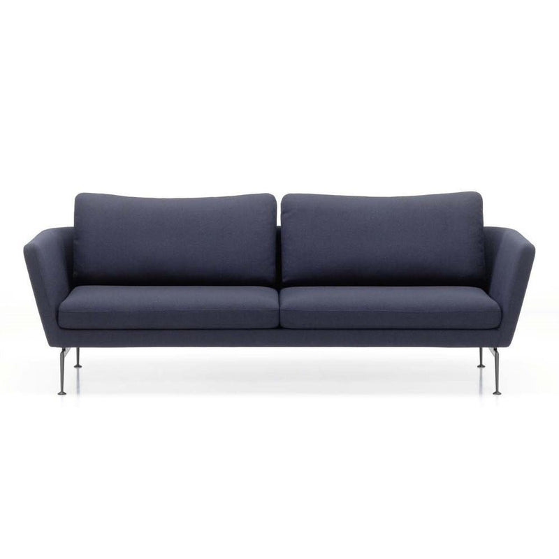 Modern dark blue sofa with a minimalist design and smooth fabric upholstery. Stylish silver legs enhance contemporary look.