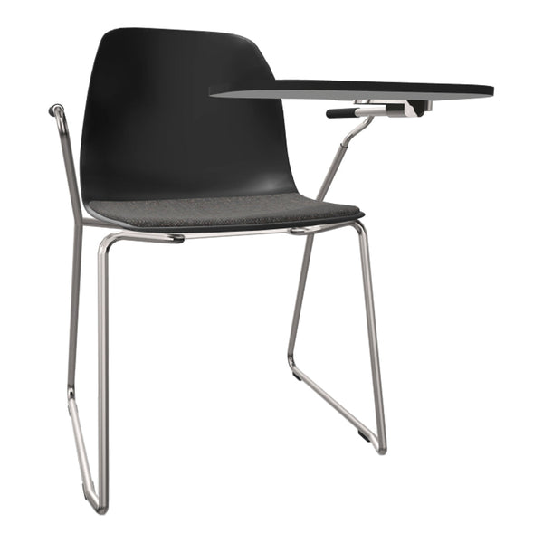 Black plastic chair with a gray fabric seat and a sleek chrome base, featuring a black tabletop for a modern look.